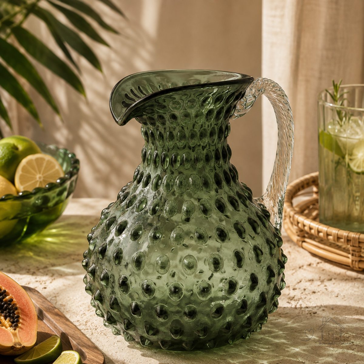 Jarra de Vidro Verde com Relevos Bolhas Bubble Texturizada 1,7L