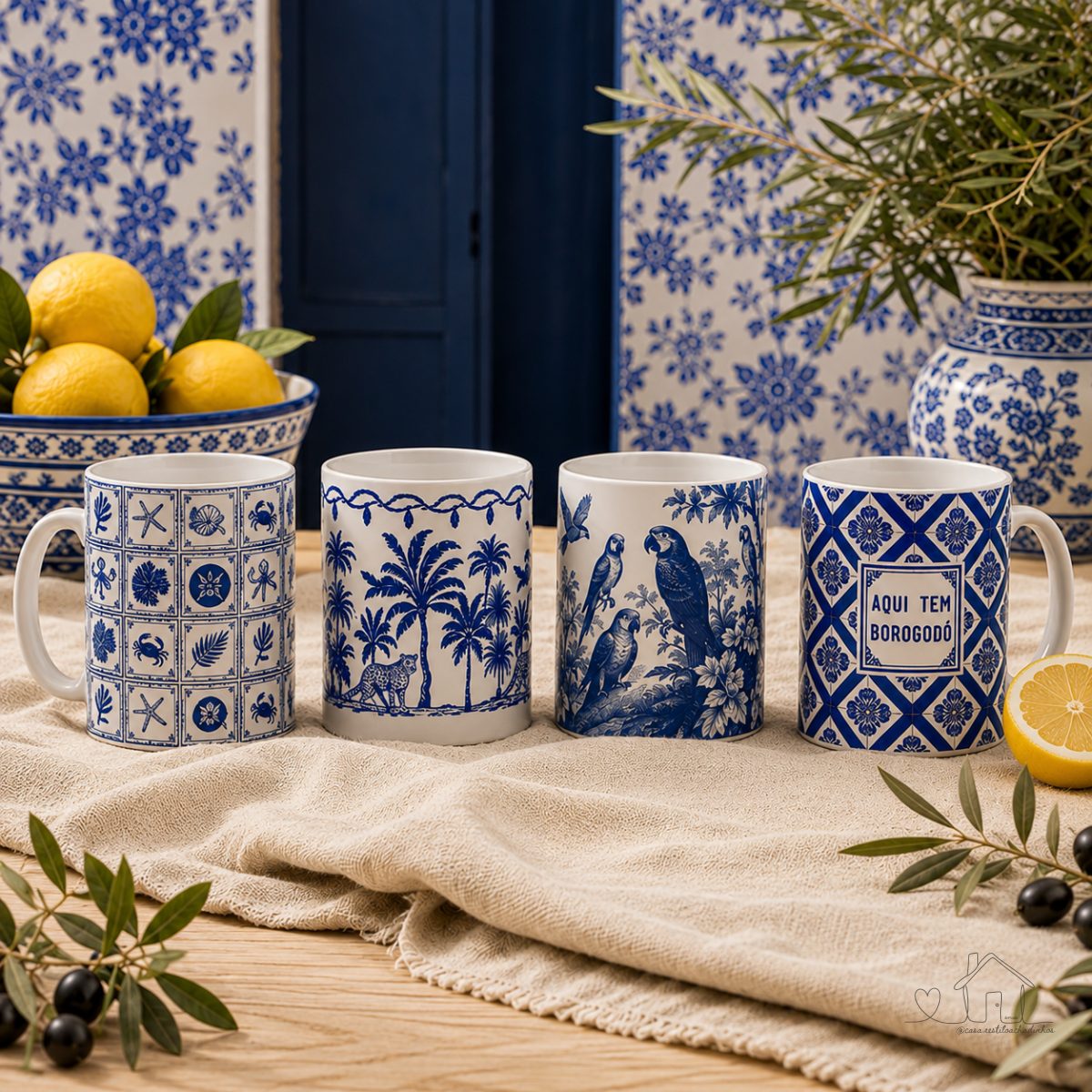 Caneca Estampa Mediterrânea 325ml | Individual ou Kit com 4 Unidades