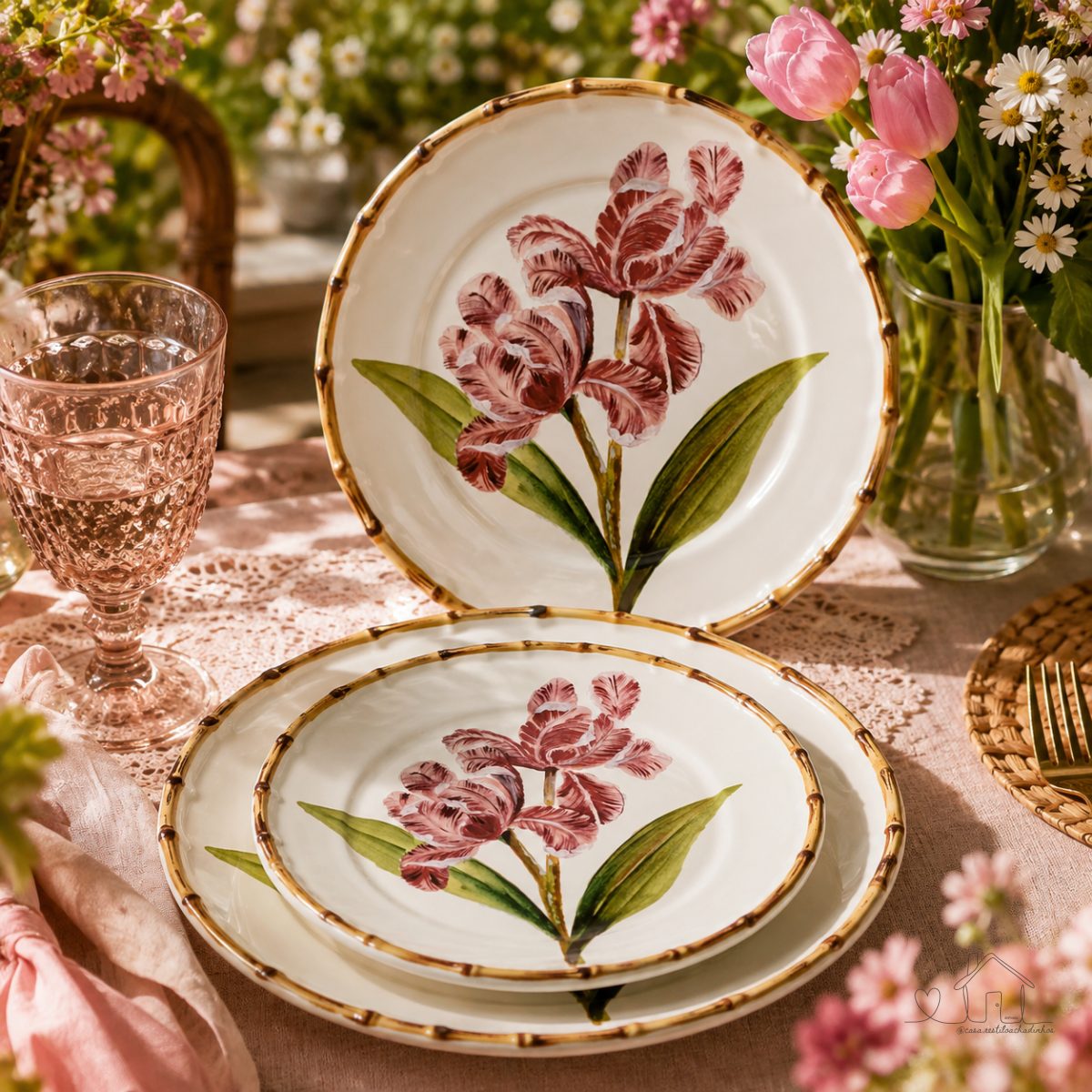 Conjunto 4 Pratos Raso Orquidea Rosa - Borda Bambu - Maison Blanche
