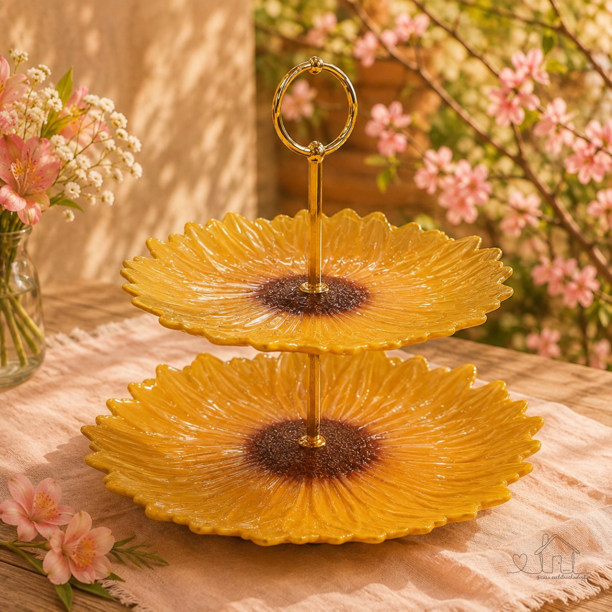 Prato para Bolos e Doces - 2 Andares Vidro - Girassol 28 e 22cm