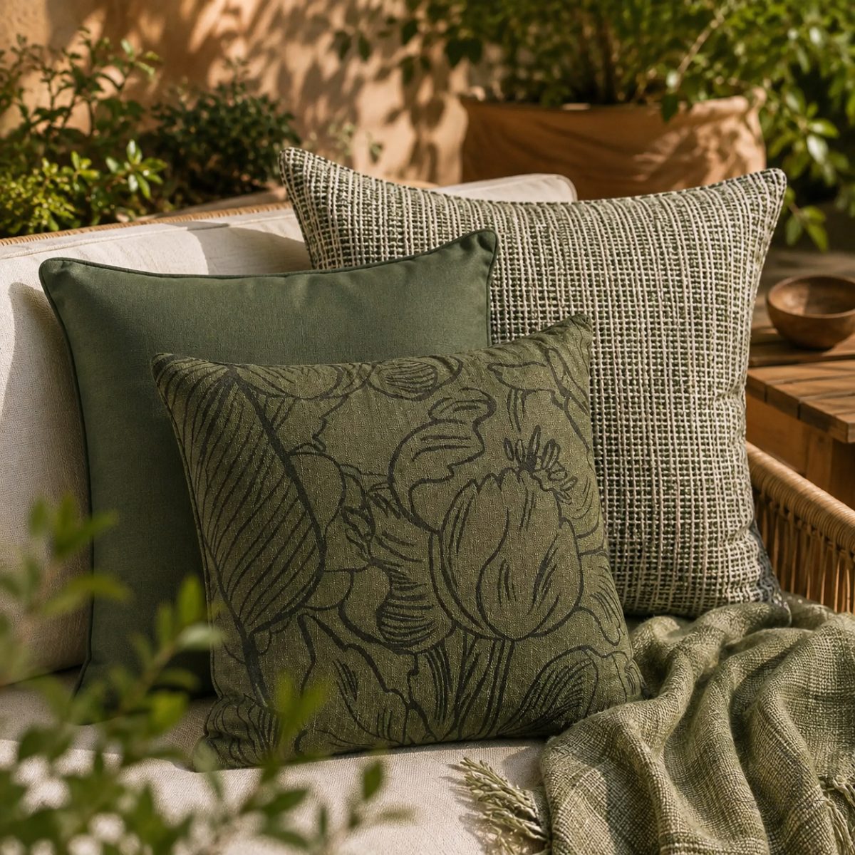 Almofada Artesanal Premium Floral Verde Oliva 50x50 cm