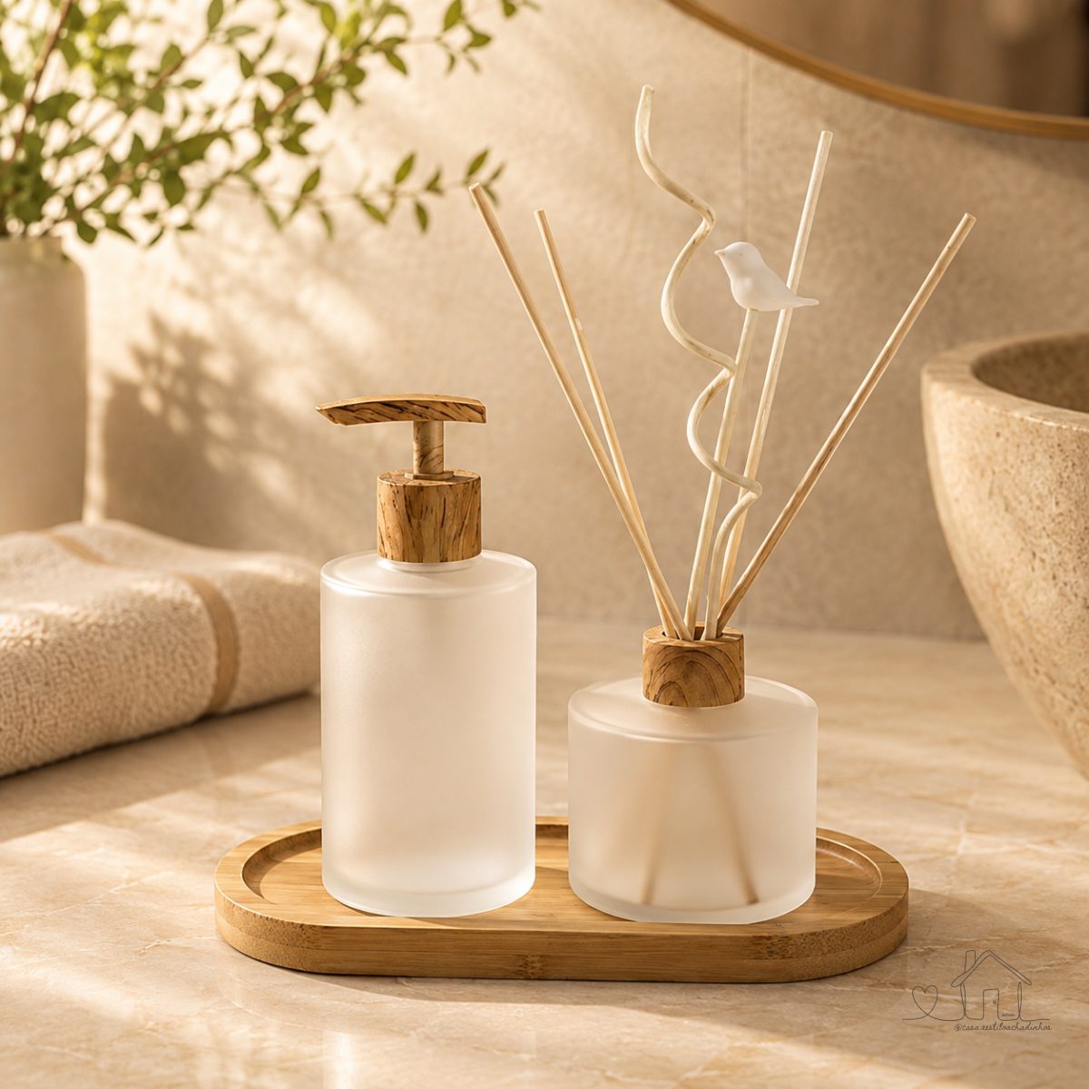 Kit Lavabo Saboneteira Liquida e Difusor de Ambiente - Fosco - Bandeja Bambu - Boho Chic