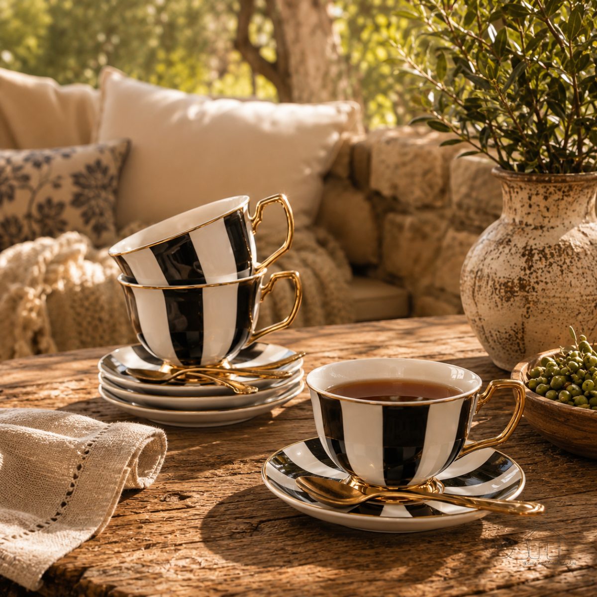 Jogo 4 Xícaras Café Espresso Porcelana Fina New Bone Listrada Preto Branco - 90ml