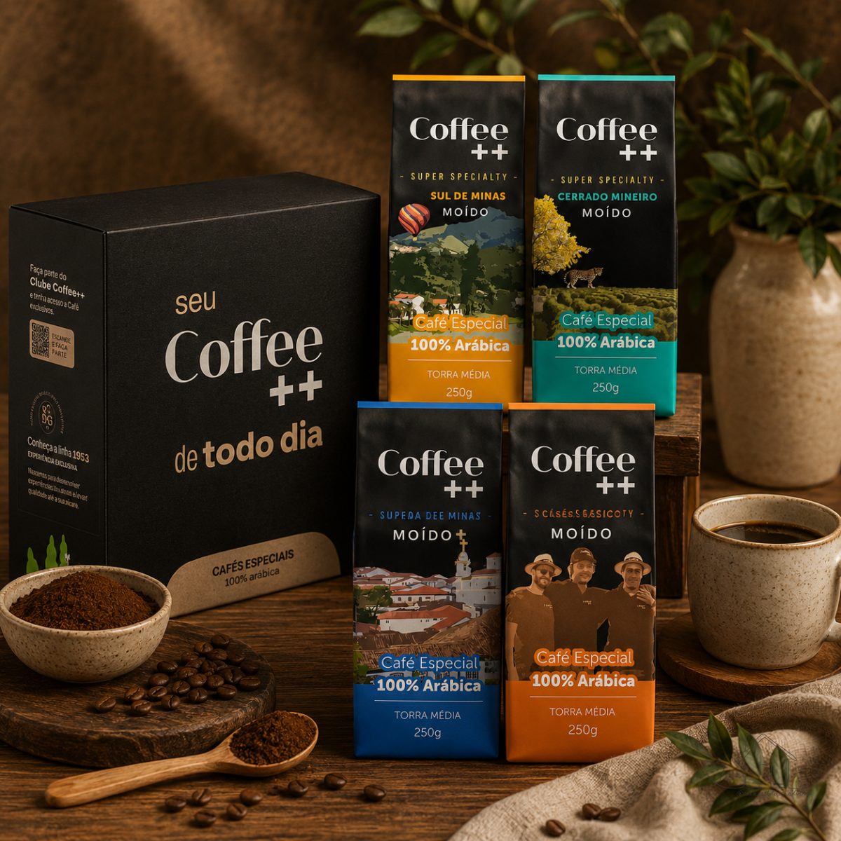 Coffee Mais Torrado e Moído│ Kit Família com 4 Pacotes → 1 Clássico + 1 Chapada de Minas + 1 Mantiqueira de Minas + 1 Cerrado Mineiro│Café Super Especial │100% Arábica │ Torra Média │ 4 x 250g