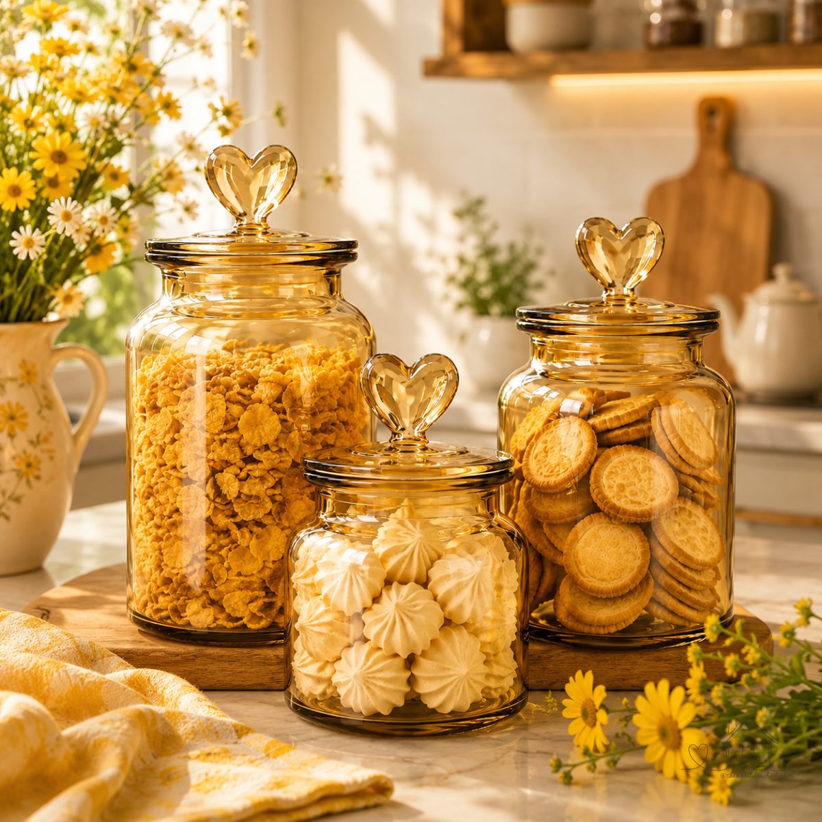 Kit 3 Potes Vidro Âmbar Decor Afeto Coração