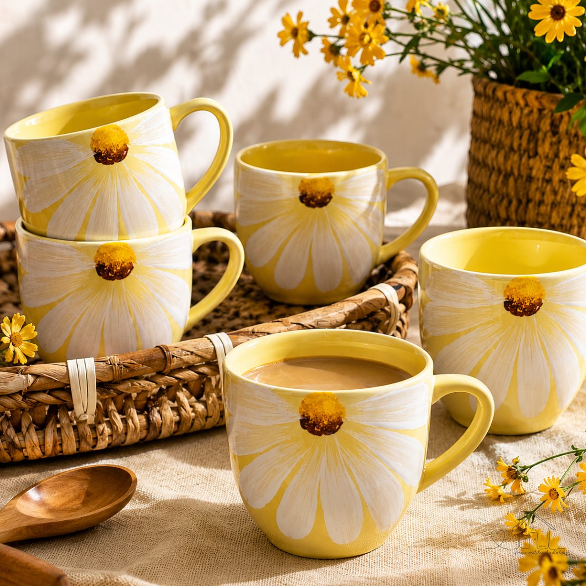 Jogo 6 Xicaras canecas Porcelana 170 ml - pintura margaridas feita a mão amarelo.