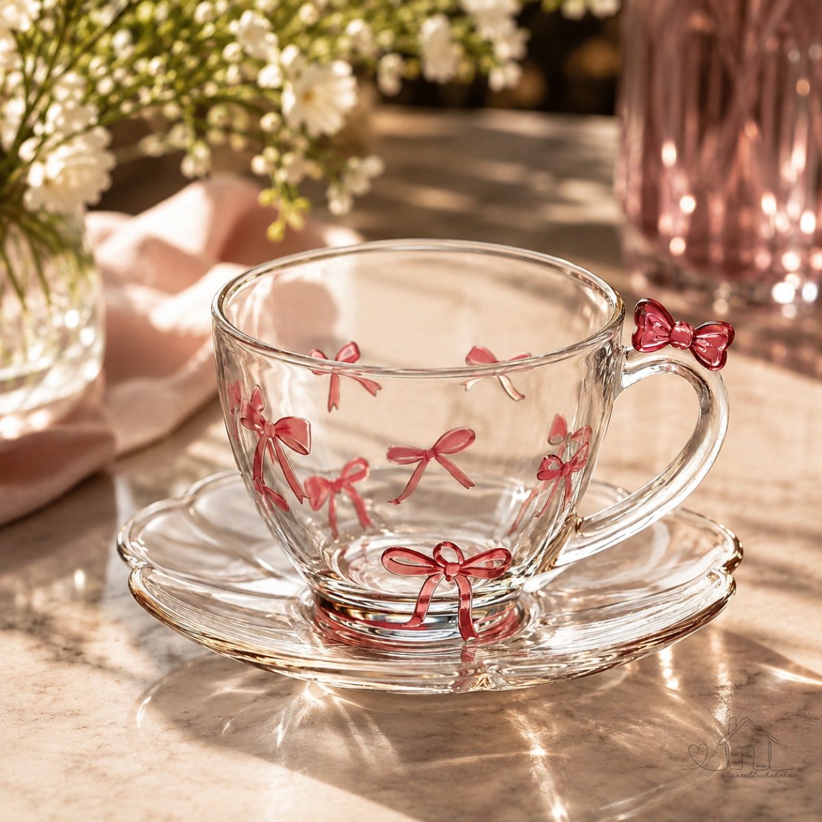 Kit 4x Jogo de Xícaras para Café em Vidro Belle Rosa 105ml com Pires 8 Peças Elegante e Decorativo