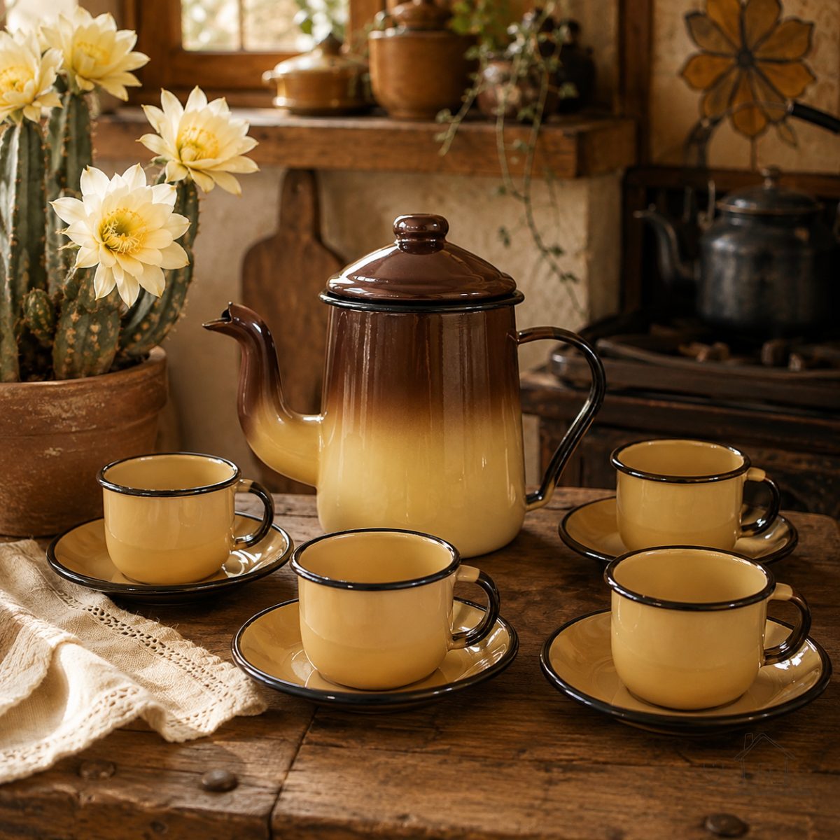 Conjunto para Café Esmaltado 9 Peças Marrom Degradê Ewel