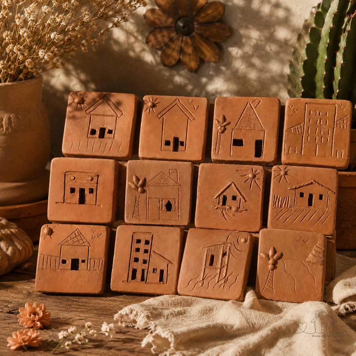 kit de 6 Quadros Decorativos com Tema de Casinhas em Cerâmica Terracota