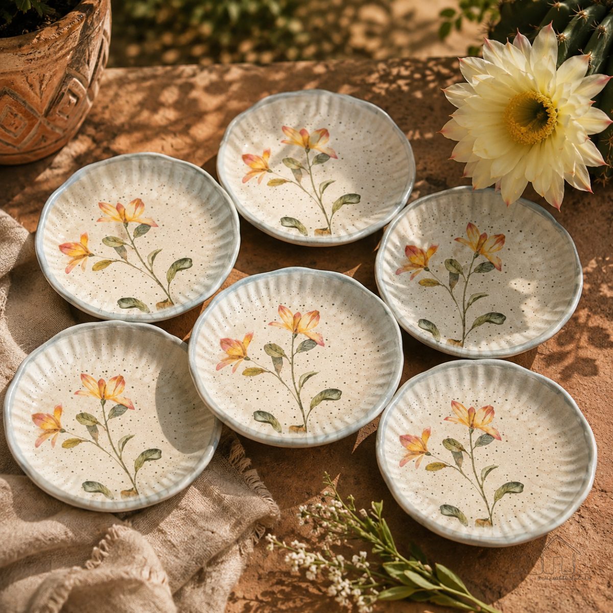 Conjunto 6 Pratos de Sobremesa Doces Entrada Off White Orgânico Botanica Cerâmica Scalla