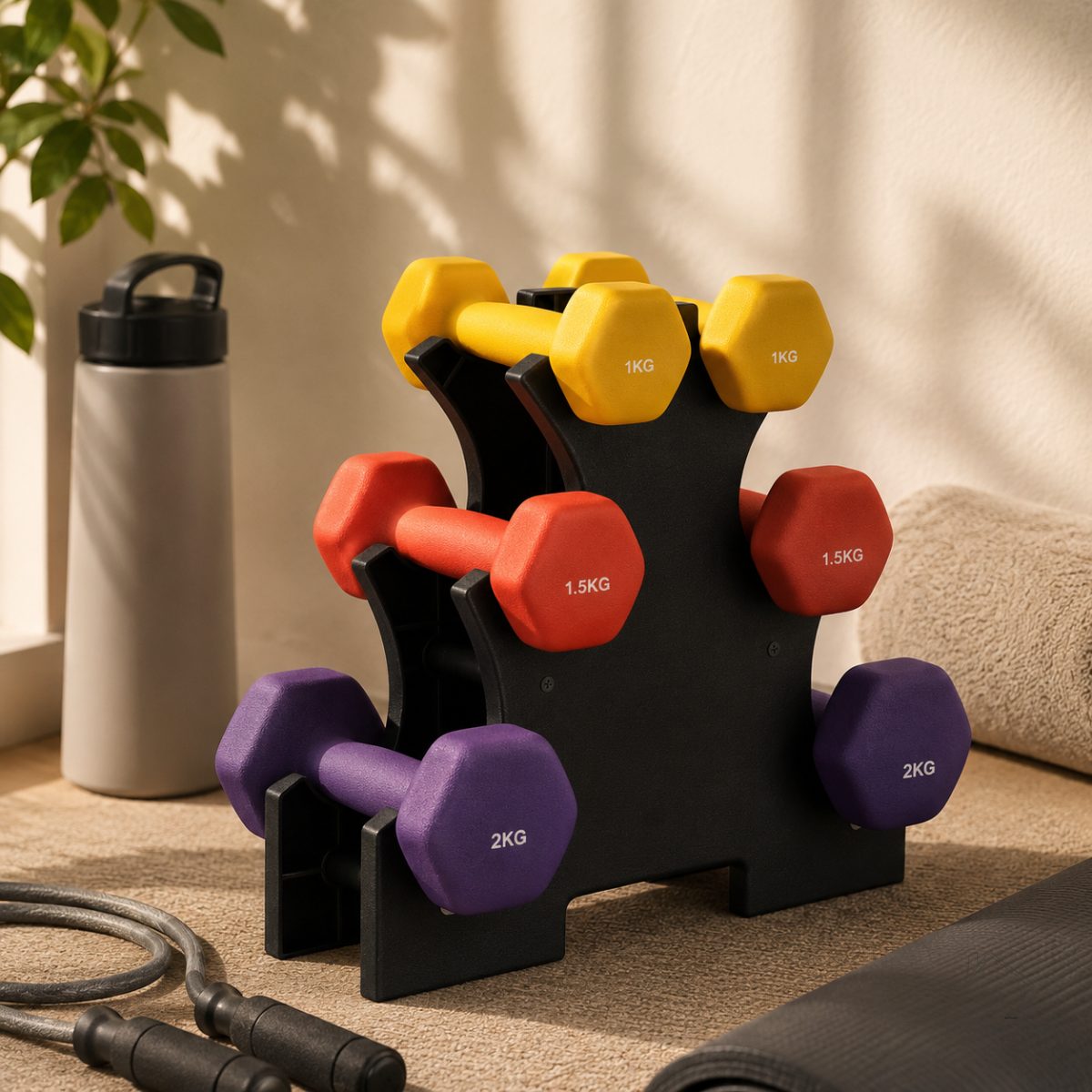 Conjunto de Pesos Neoprene, Halteres Sextavados com Suporte