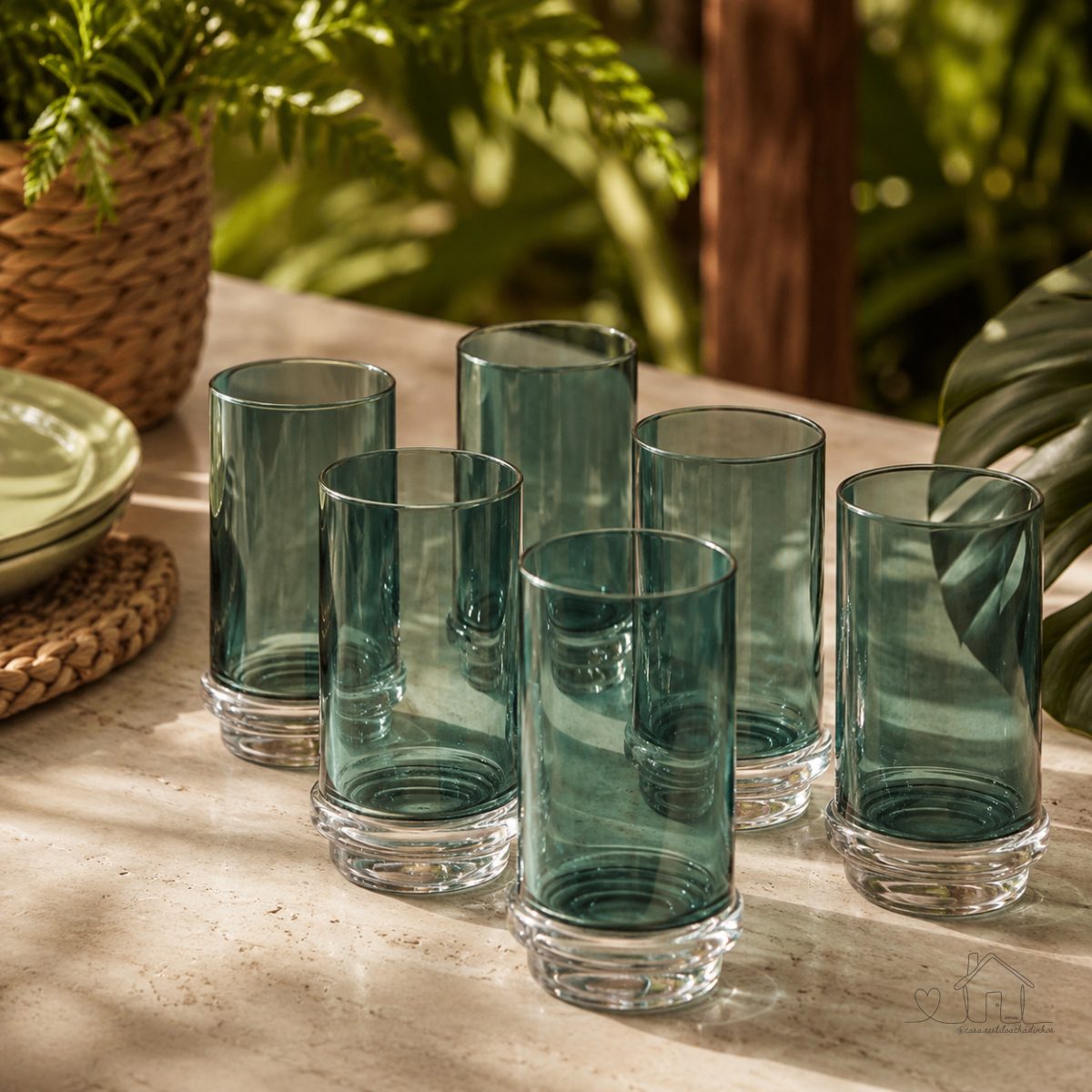 Jogo de 6 Copos em Vidro Verde Base Cristal 520ML