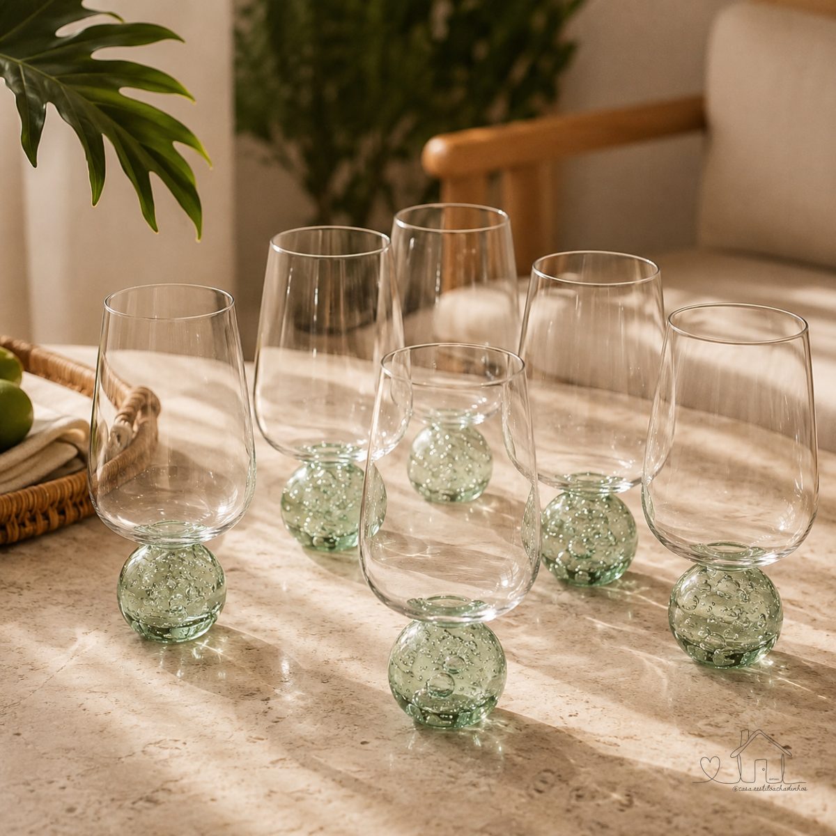 Kit 6 Taças Vidro Verde Base Bolha 380ml Luxo Drink 15cm