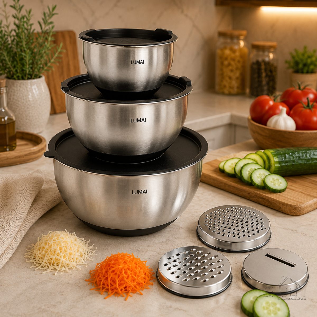 Lumai Kit 3 Bowls Tigelas de Cozinha Bacia Aço Inox com Tampa Utensilio com Ralador Base Silicone