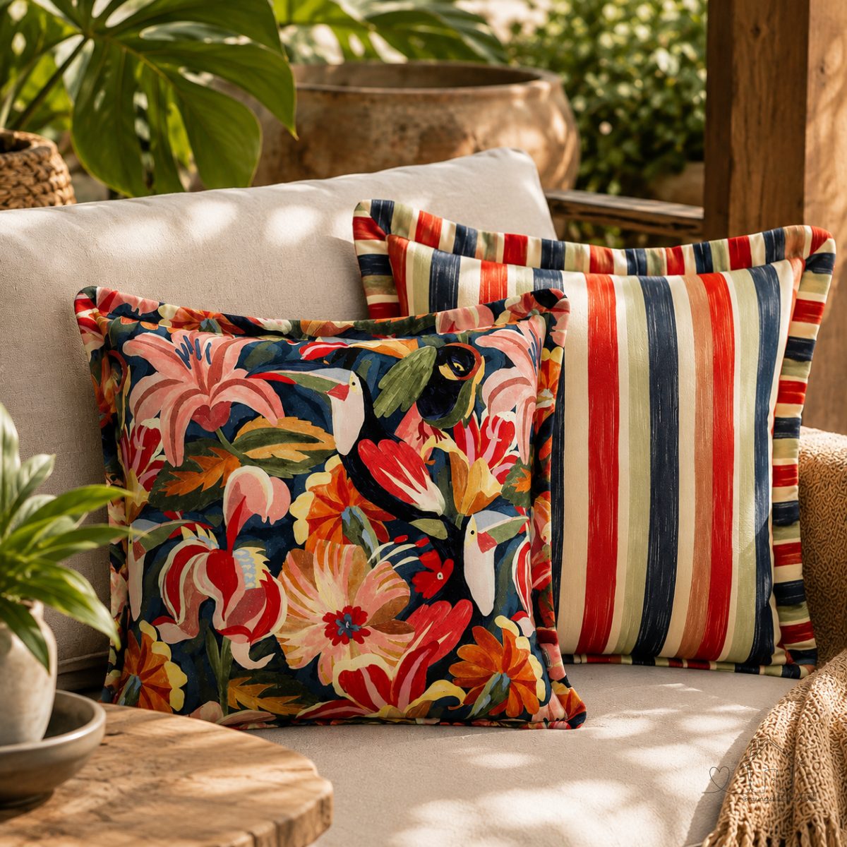 Capa se Almofada Dupla Face - Duas Estampas Floral e Listras 100% Algodão