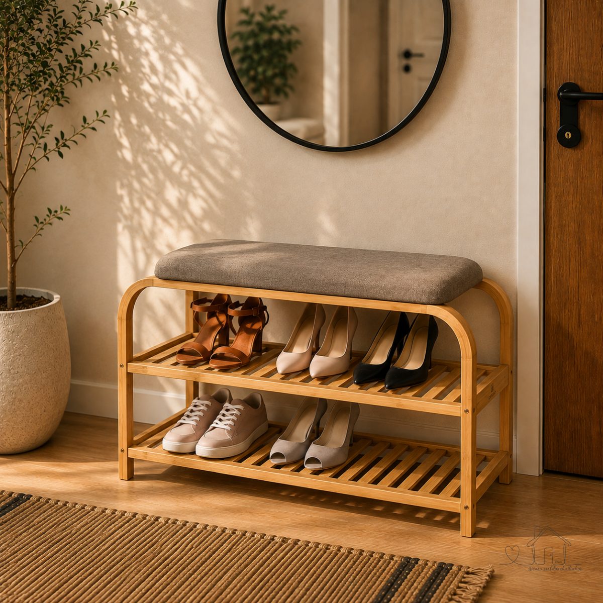 Sapateira em Bambu com Banco Estofado 70cm com 2 Andares, Entrada/Hall e Corredor, Heimon
