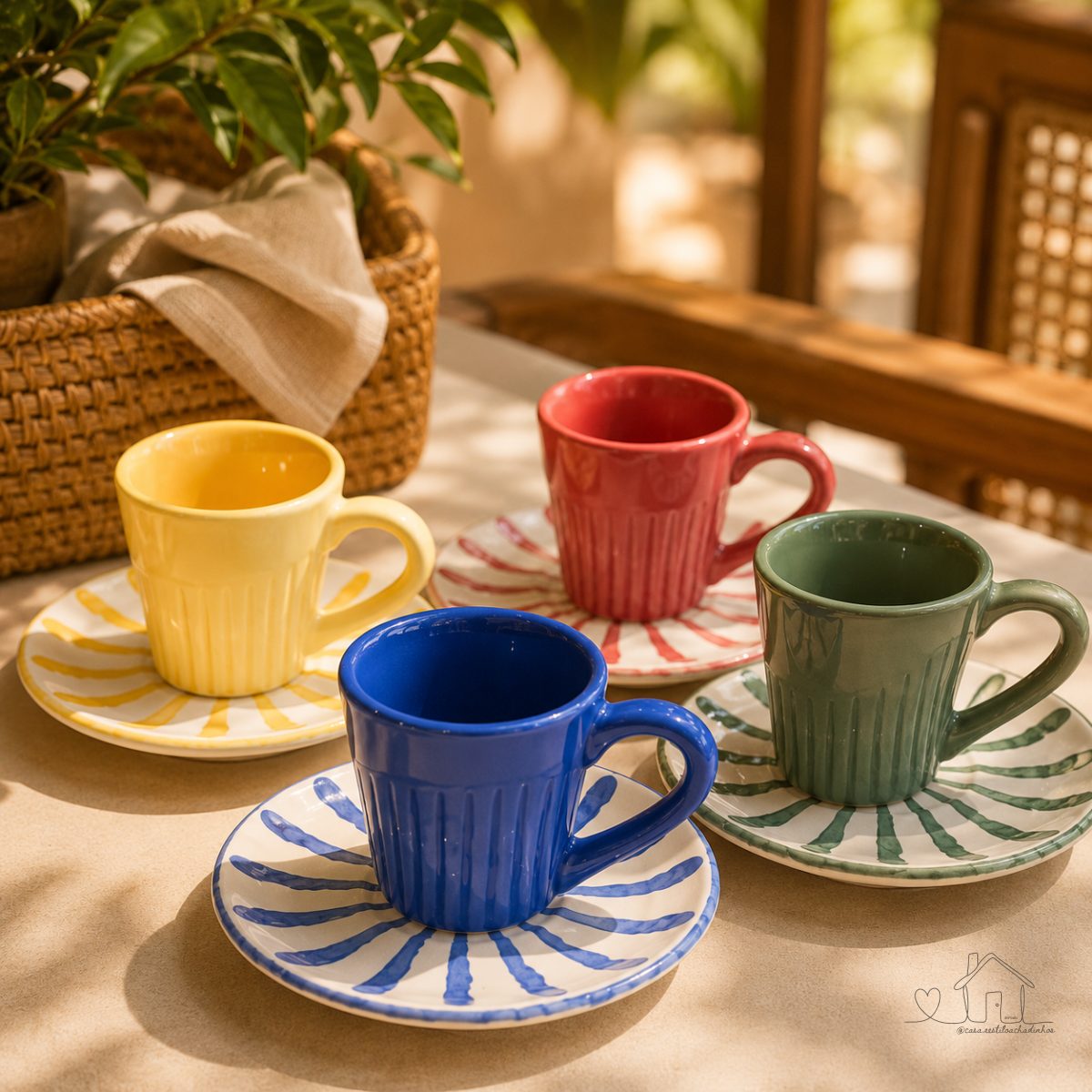 Linha Piuma Scalla – Kit 4 Xícaras de Chá com Pires 150ml em Cerâmica