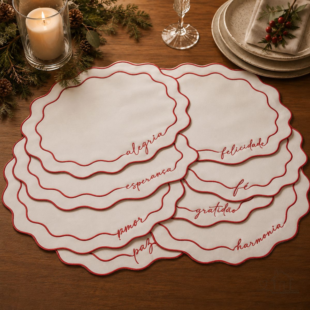 Lugar americano bordado palavras Natal - Vermelho
