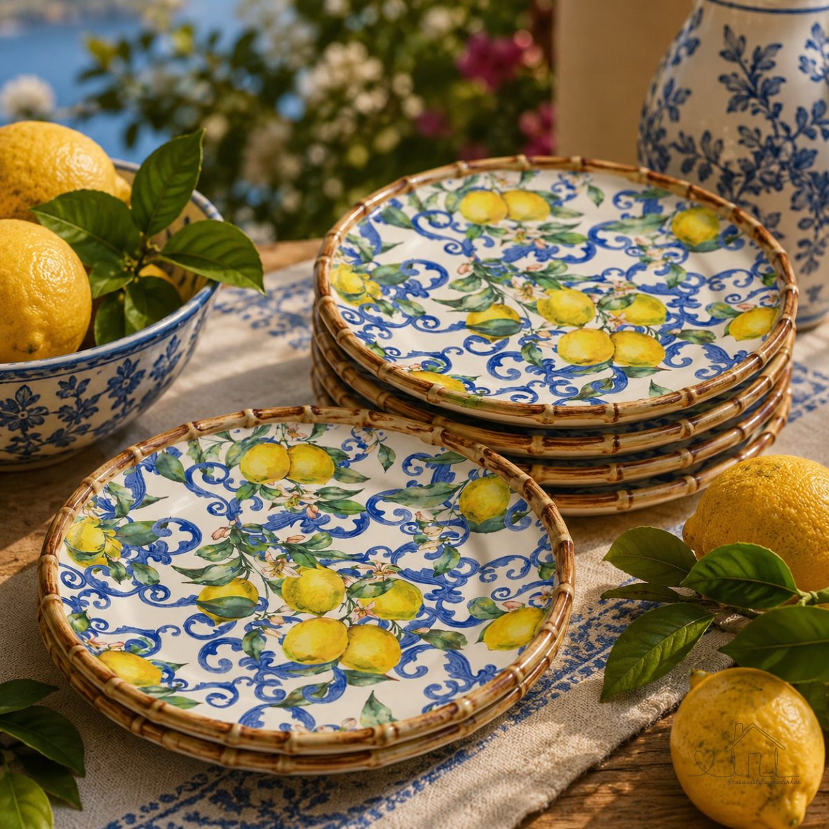 Conjunto 6 Pratos de Sobremesa Estampado Limoncello - Borda Bambu - Maison Blanche