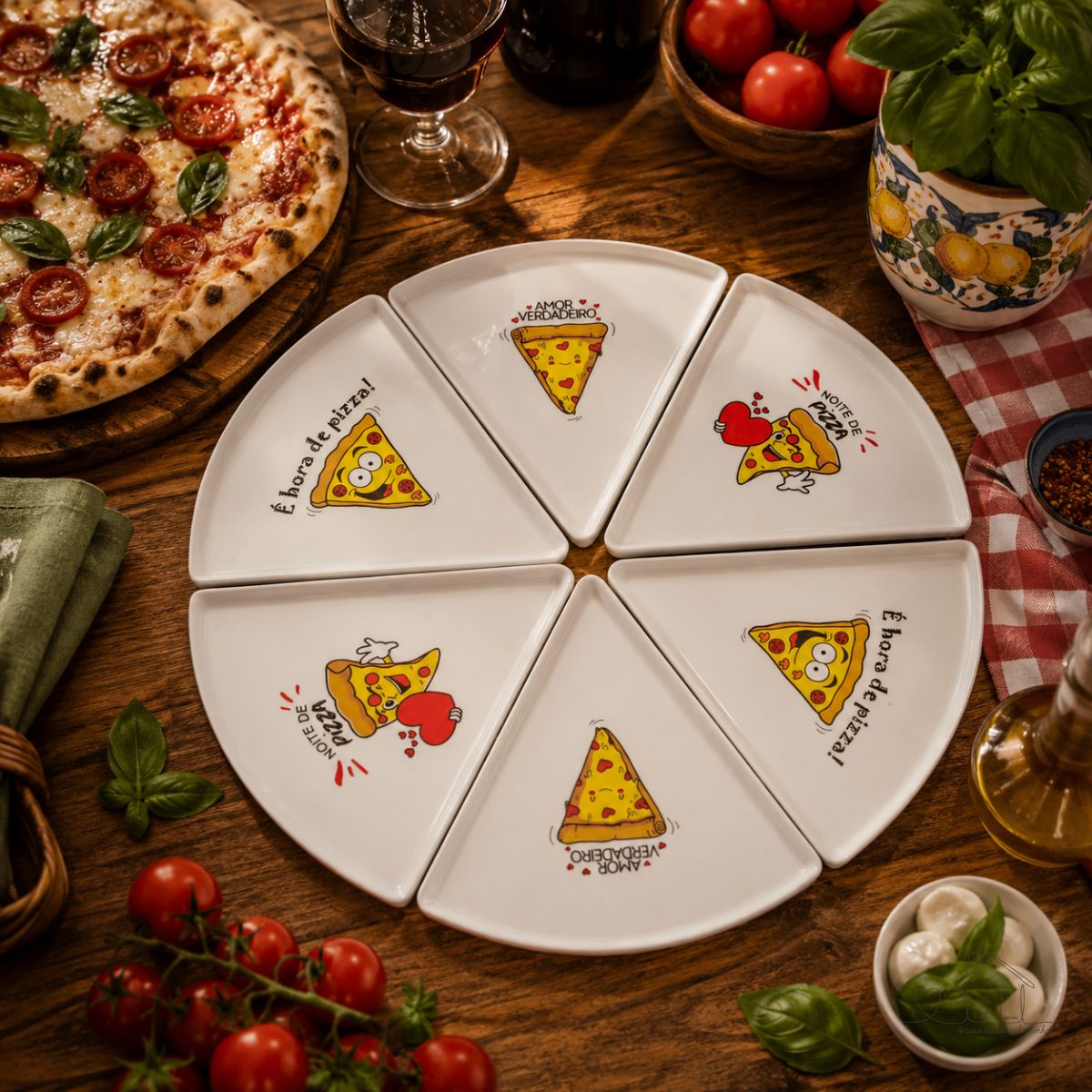 Kit 6 Pratos Fatia De Pizza Triangular + Cortador + Espátula