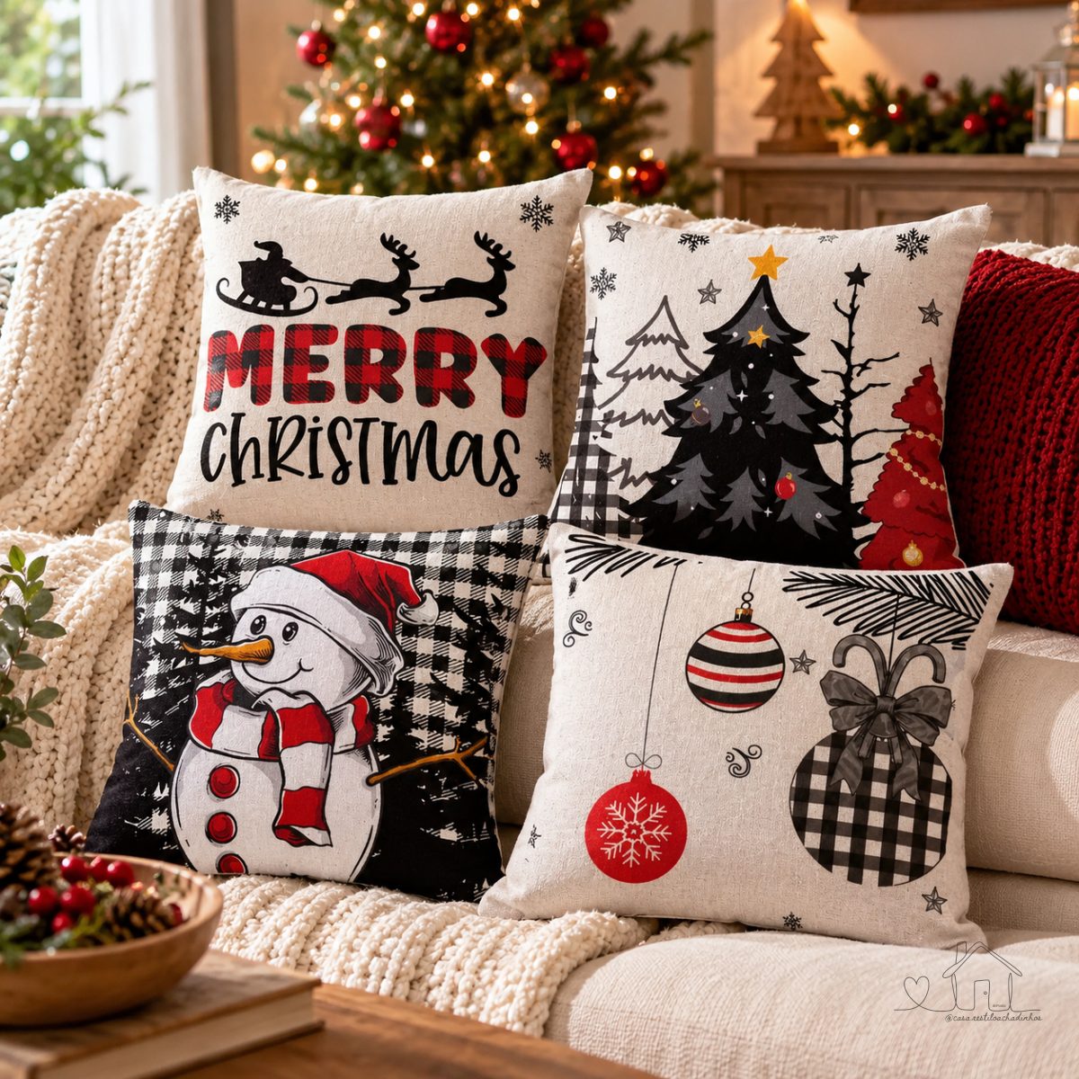 Kit 4 Capas Almofada Digital Decorativa De Natal 43x43 Cm