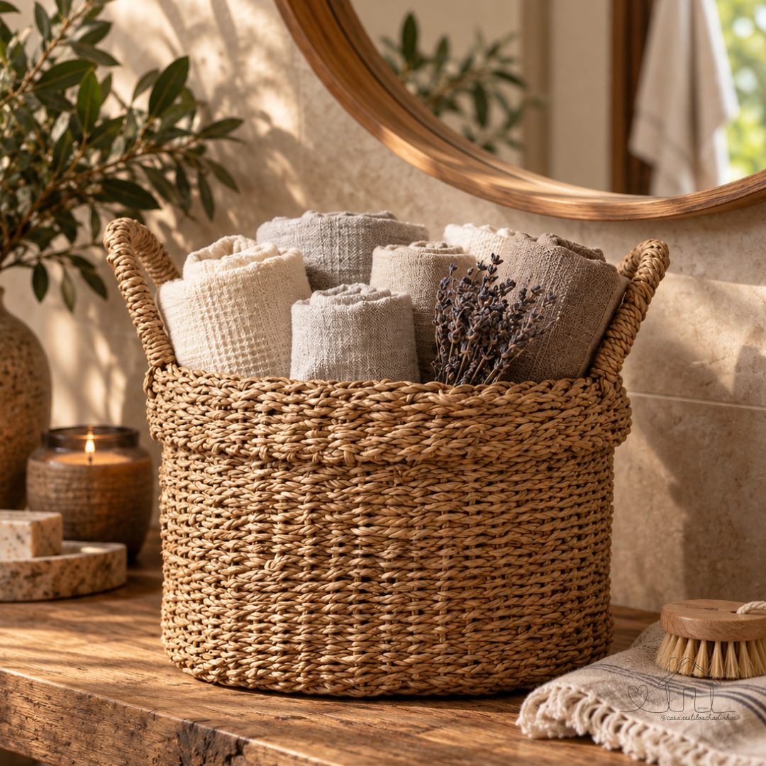 Cesto Decorativo Organizador Multiuso Em Fibra Natural Seagrass Com Alças Estilo Rústico
