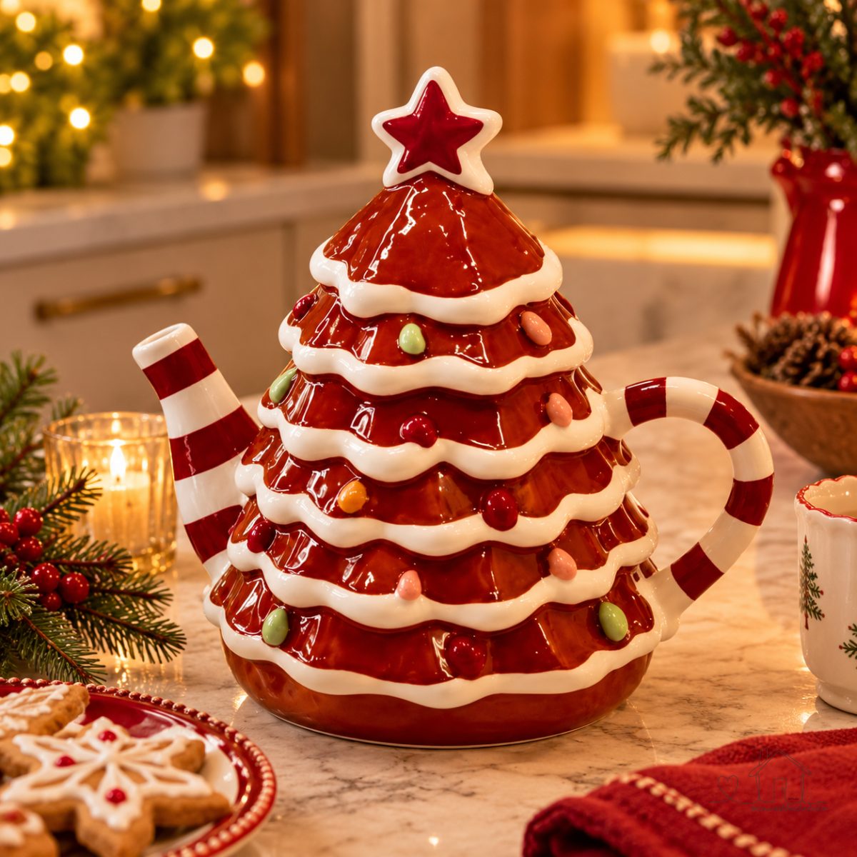 Bule de Porcelana Árvore de Natal Decorativo – Cerâmica Premium para Chá e Café