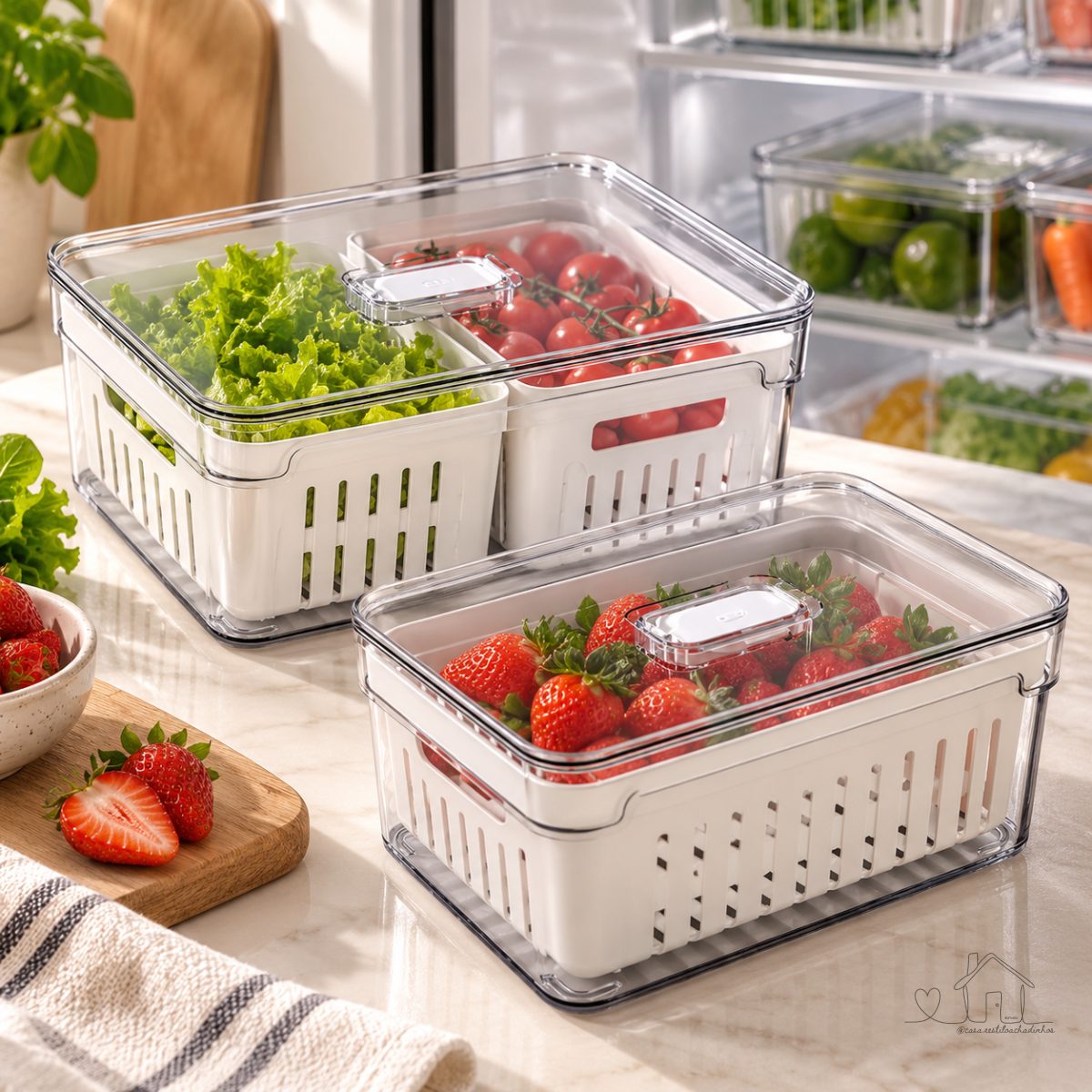 Organizador Alimentos Geladeira com cesto Único duplo 2,2L (20x15cm) Linha Clear Fresh - OU