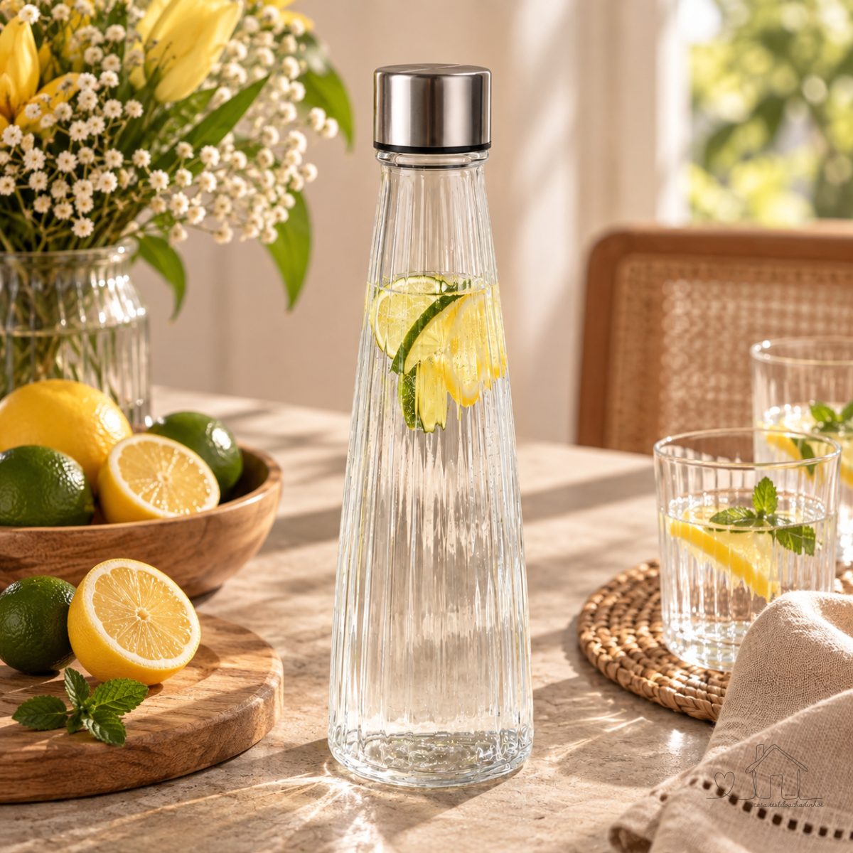Garrafa de Vidro Transparente Canelada com Tampa Hermética Inox 750ml Resistente