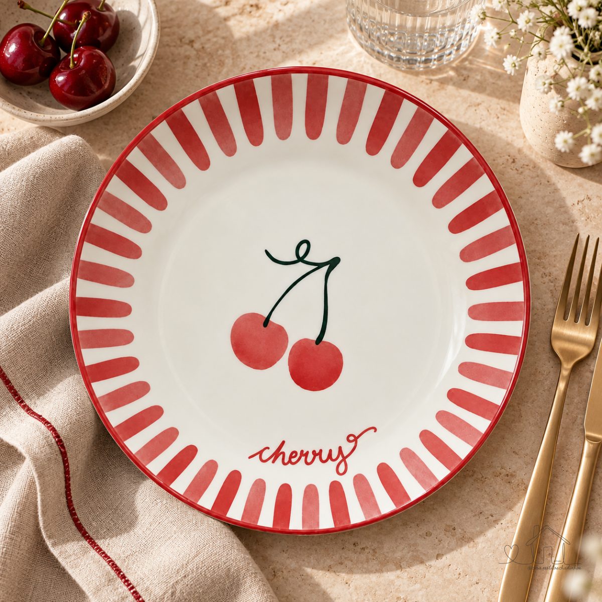 Kit 4 Pratos Rasos Estampa Cereja Cherry - 26cm
