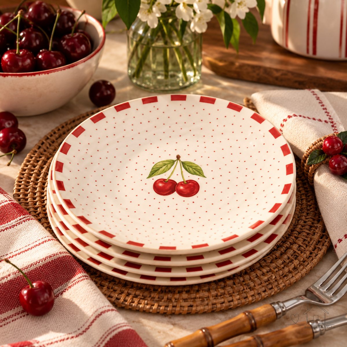 Jogo 6 Prato Raso de Cereja Amarena sm Cerâmica Alleanza Branco e Vermelho Prato de Jantar