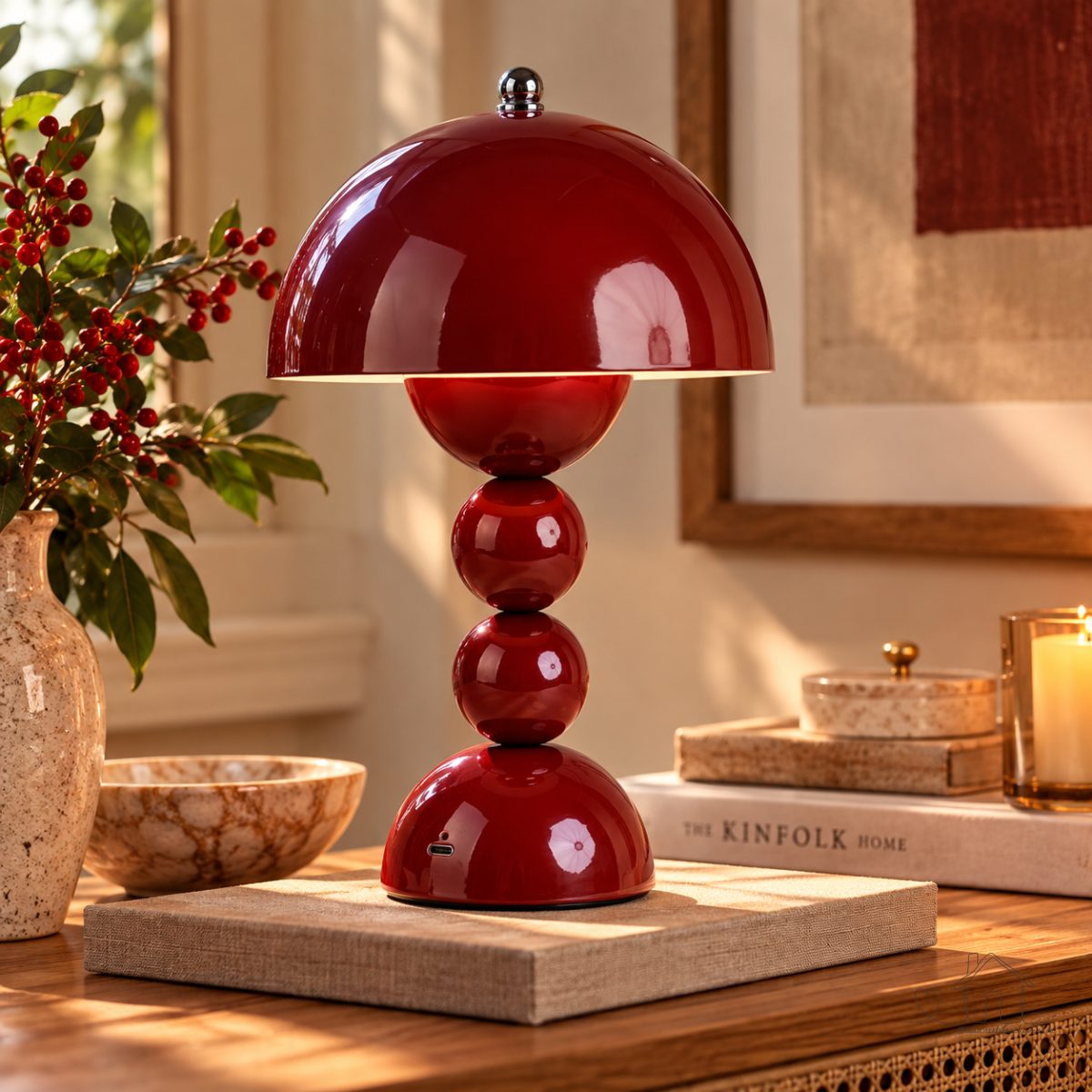 Luminária de Mesa Cogumelo Portátil e Recarregável USB 3 Temperaturas de Cor | Abajur de Mesa Vintage Mushroom Touch 28cm (Vinho)