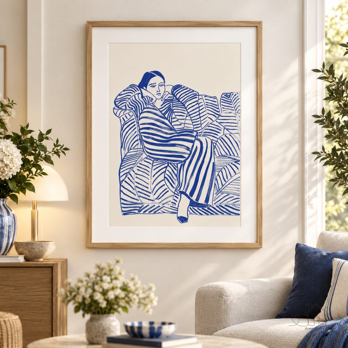 Quadro Decorativo Minimalista Mulher Azul Com Moldura