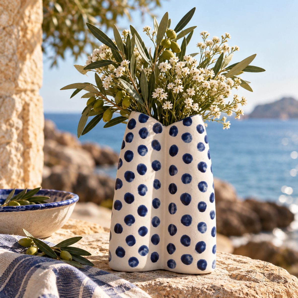Vaso de Cerâmica decorativo Cachepot Orgânico Off-White com Pintas Azuis 20,5X18X27,7cm
