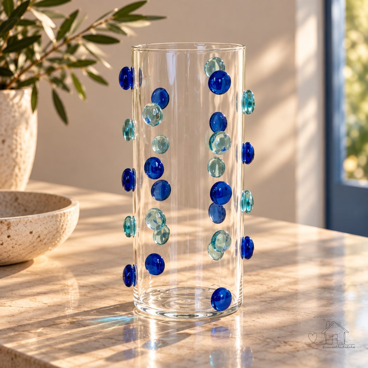 Vaso Decorativo Vidro Cilíndrico com Gemas Azuis 21x10cm