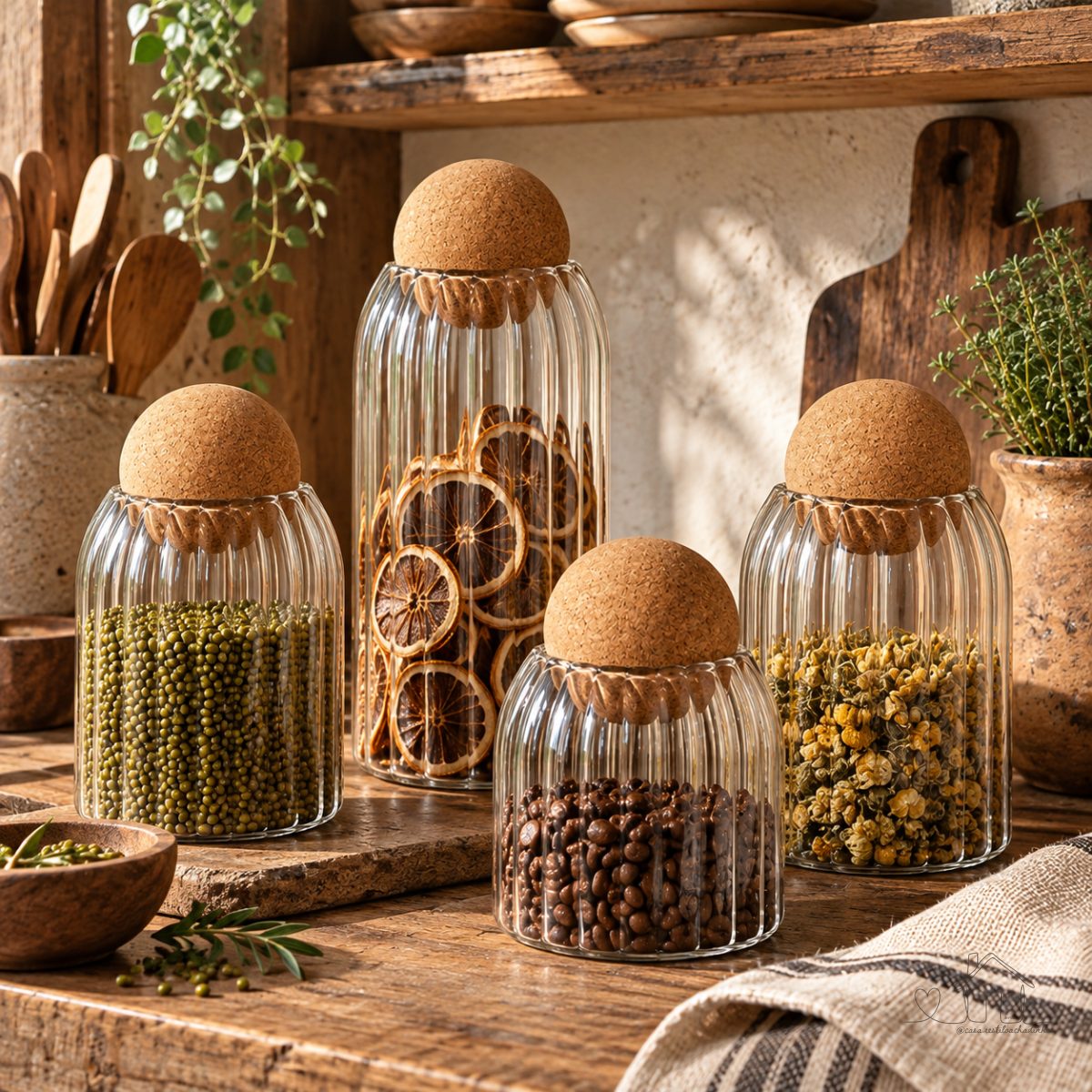 Pote de Vidro Tampa Bola Esfera Cortiça, Mantimentos Café Biscoitos Decoração Enfeite Vela Artesanal
