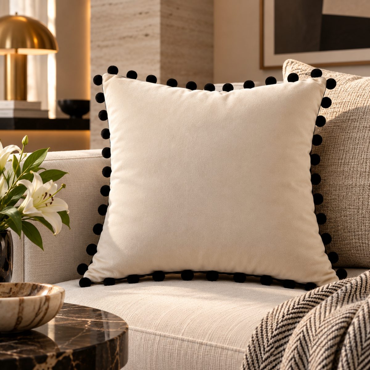 Capa de Almofada Veludo Premium 45x45 cm Pompom Preto e Zíper Invisível, Toque Macio