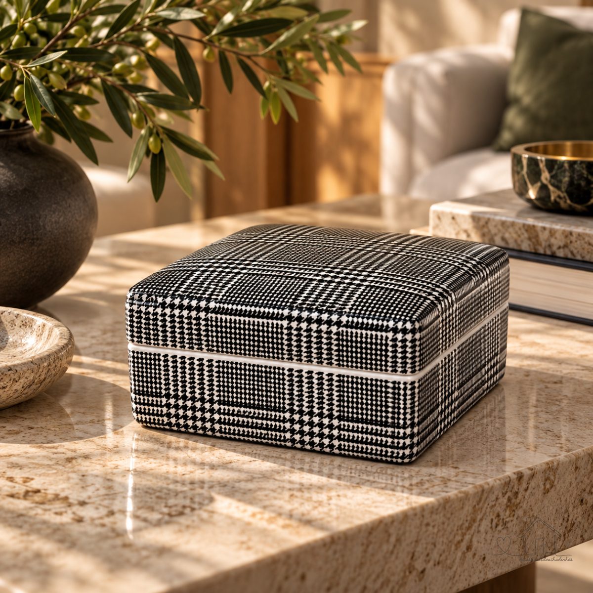Caixa Organizadora Porcelana Xadrez para Joias e Acessórios 16cm