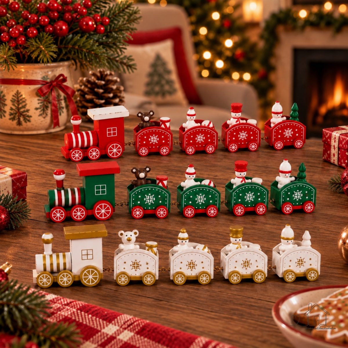 Trenzinho Enfeite de Natal de Madeira com 5 peças 1 Locomotiva + 4 Vagões Decoração Natalina Premium