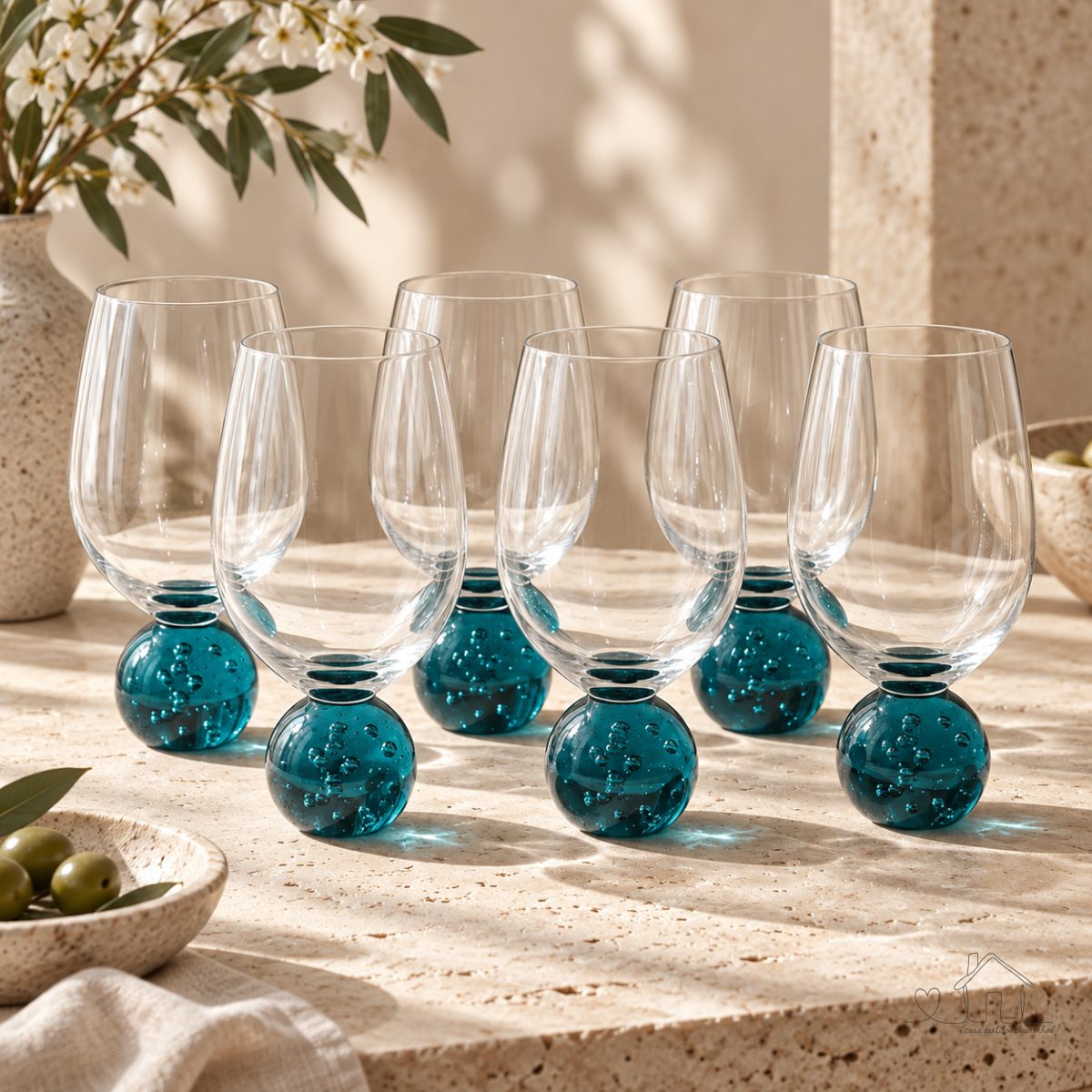 Jogo 6 Tacas Vinho Copo Cristal Bubble 450ml Haste Esfera Bola Colorida Azul Turquesa Luxo