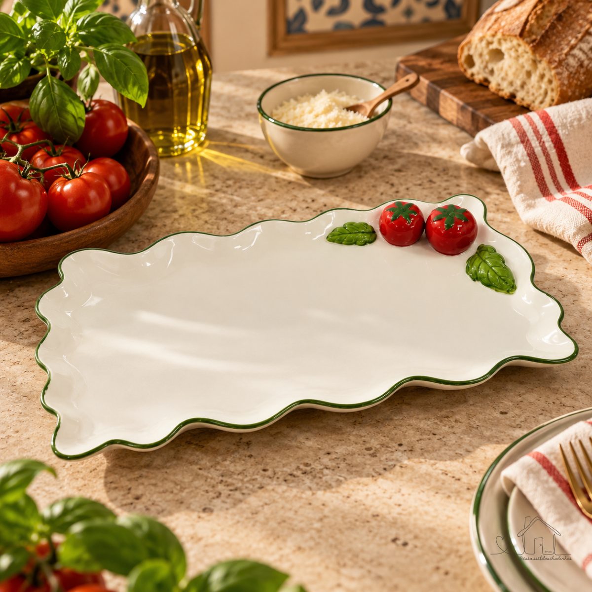Bandeja Retangular em Porcelana Tomates Relevo 37x22x2cm