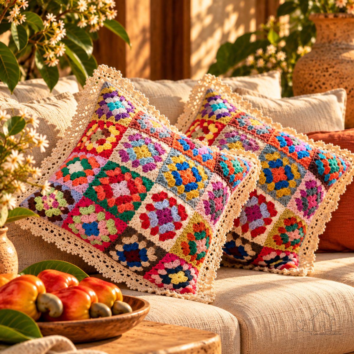 Capa de Almofada Granny Square Colorida quadradinhos de crochê