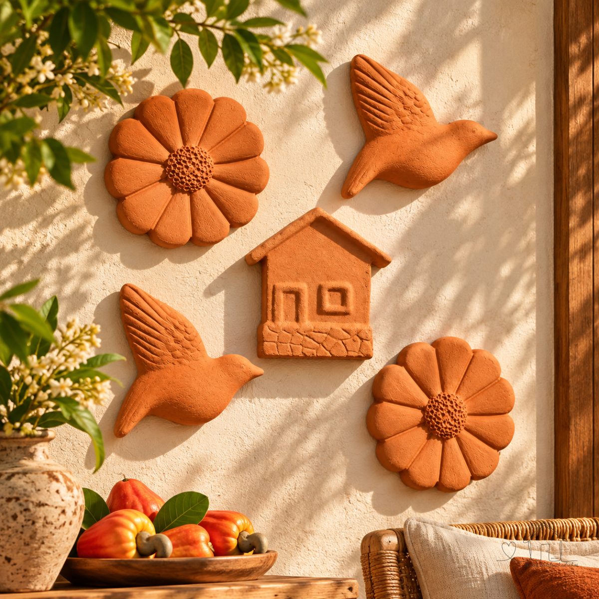 Decoração de Parede em Barro Artesanal – Flores, Pássaros e Casinhas