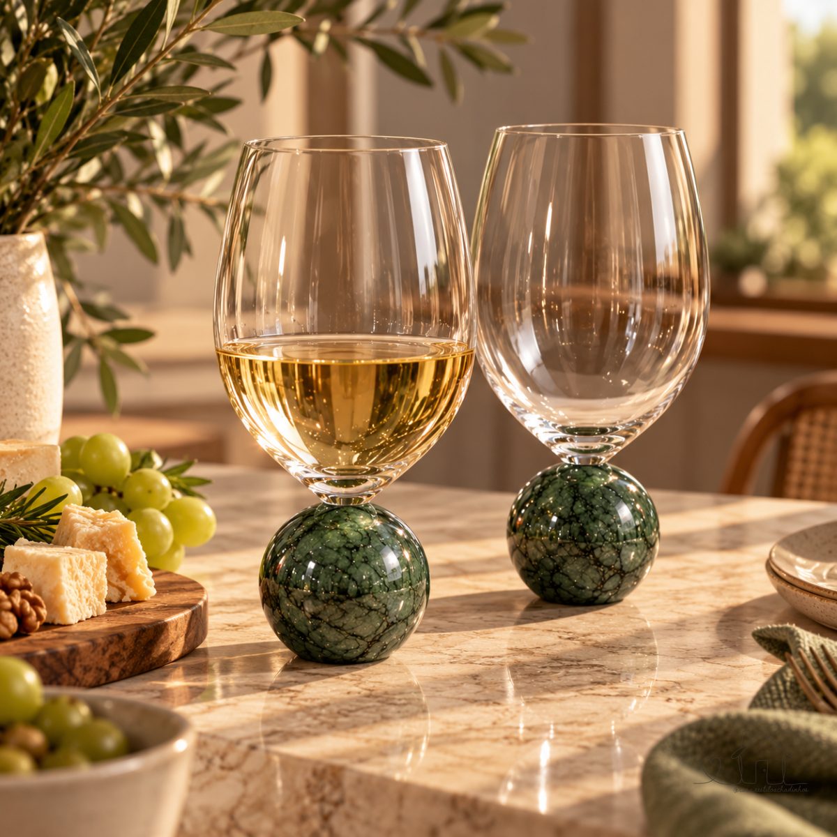 Jogo 2 Taças Vinho Cristal 520ml Base Esfera Mármore Verde