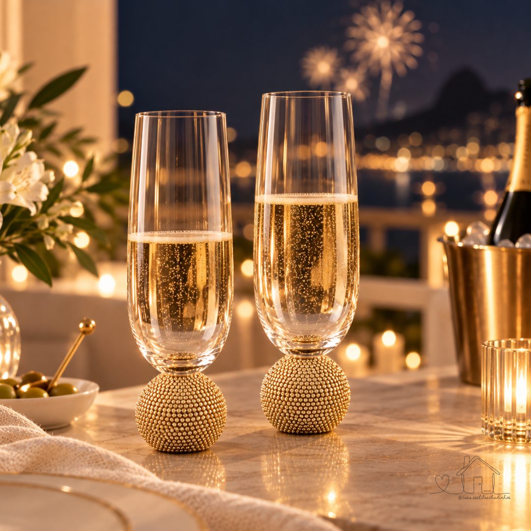Kit 2 Taças de Champanhe Luxo Base Esfera Dourada com Strass