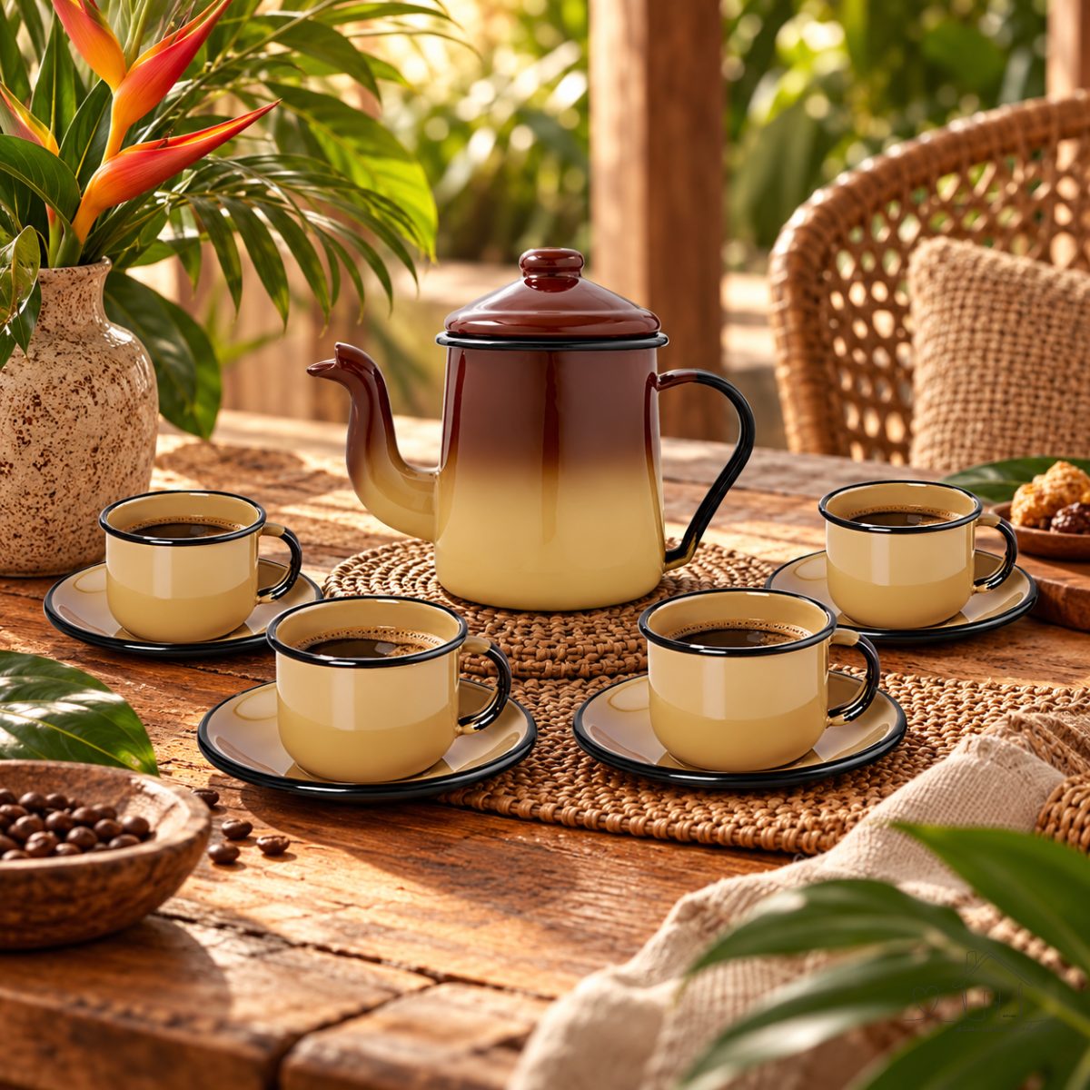 Conjunto para Café Esmaltado 9 Peças Marrom Degradê Ewel
