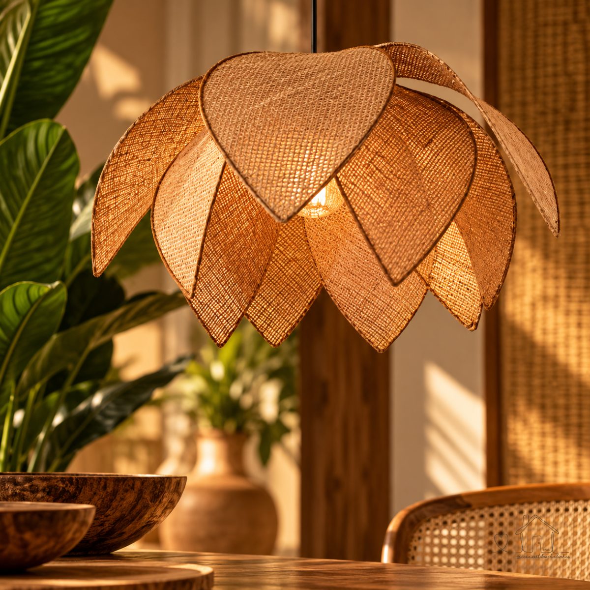 Luminária Lustre Flor Lótus Juta 10 Pétalas