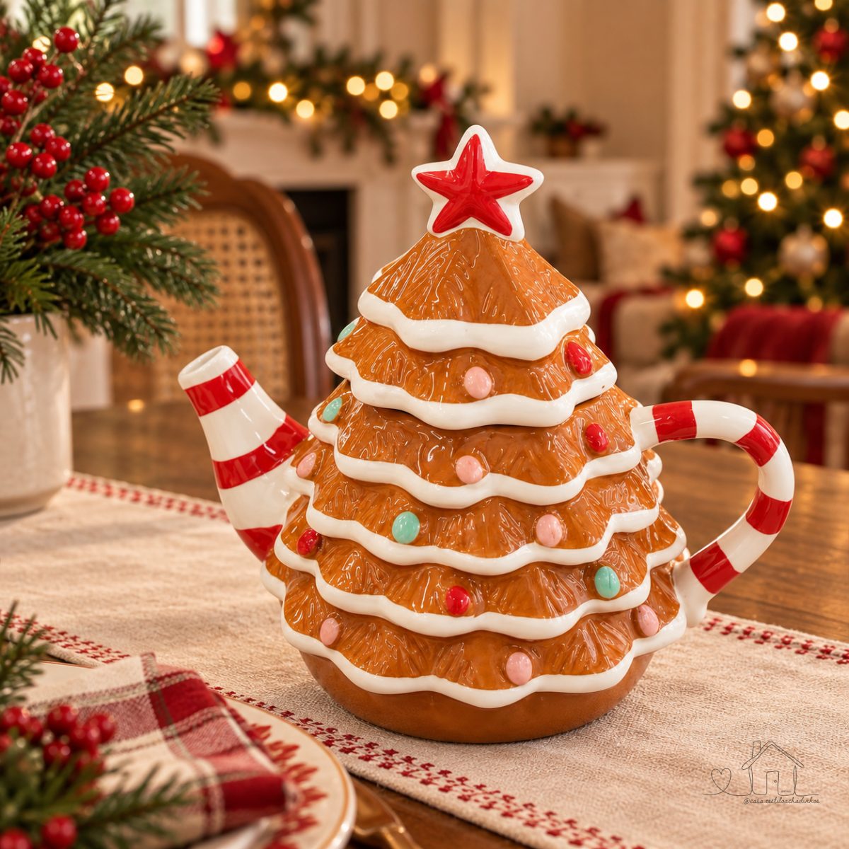 Bule de Porcelana com Tampa 1 Litro Biscoito de Natal Gingerbread Bule Natalino