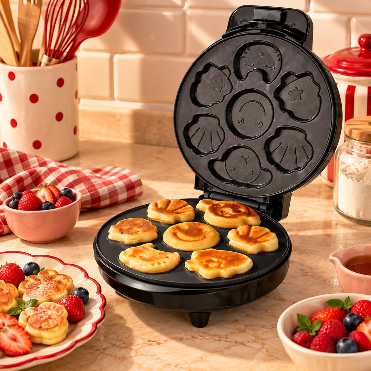 Máquina de Waffle Elétrica Mini 110V Antiaderente Formatos Divertidos