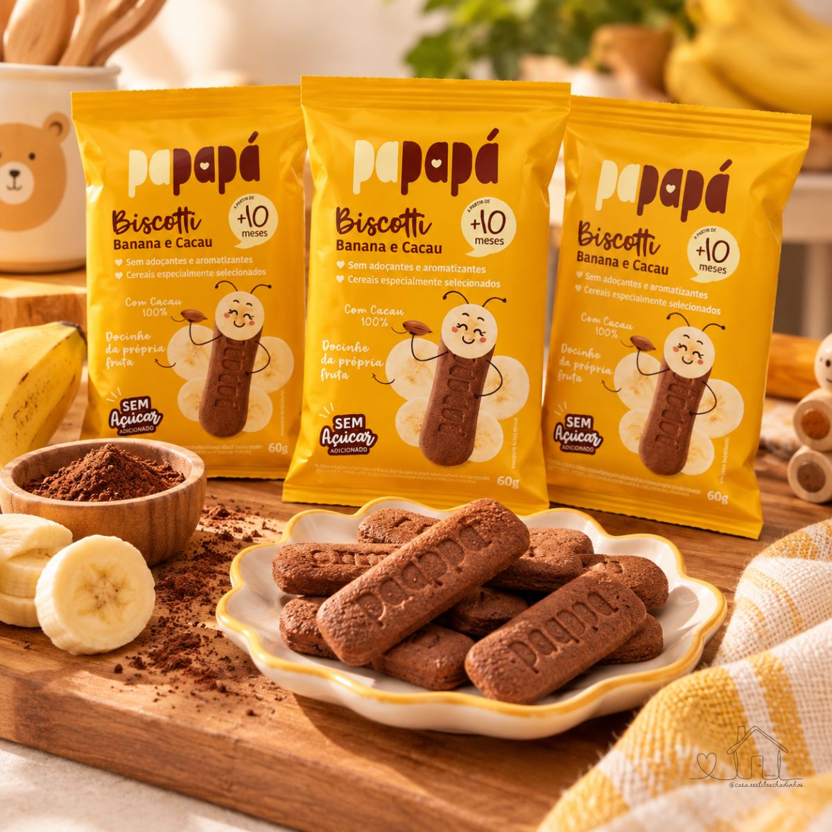 Kit 3x Biscoito Infantil Biscotti Banana e Cacau Papapá 60g